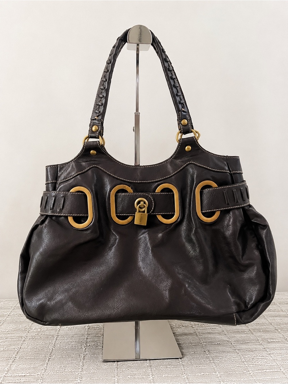 A.n.a Women’s Vintage Black Genuine Leather Tote with Gold Hardware